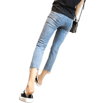Black three-quarter ripped jeans for women summer straight high-waist elastic slim slimming nine-quarter cigarette pants for small people