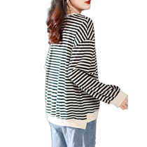 Branded pure cotton striped sweatshirt for women in spring and autumn new European style high-end slimming age-reducing fashionable loose and versatile top