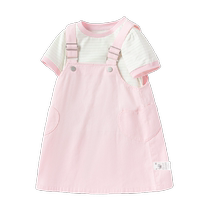 Balabala childrens clothing girls short-sleeved suit 2024 new suspender skirt summer dress childrens dress pure cotton striped