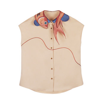 [Kamo]Original Design New Retro Koi Fish Embroidery Collar Sleeveless Commuter Shirt Women's Summer Short-Sleeved Top