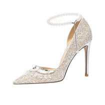 Lily Wei champagne color high heels mens stiletto shoes pearl chain small size 313233 sandals ladylike temperament