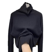 Black pile-neck sweater for women in fall and winter loose-fitting pitted turtleneck sweater stylish pullover bottoming shirt