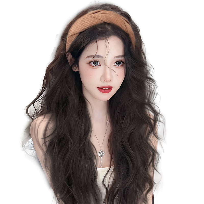 发箍假发一体女秋冬长卷发半头套仿真发全真人发时尚水波纹全头套