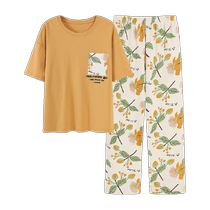 Dingguagua with chest pad pure cotton womens pajamas short-sleeved trousers can be worn outside summer casual loose home clothes set