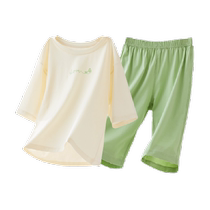 Red bean childrens moisture-absorbent and quick-drying pajamas for boys and girls Tencel home clothes medium and large childrens summer air-conditioned clothes suits thin