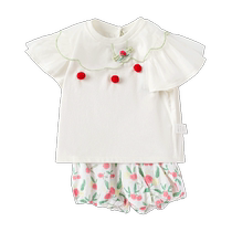 Balabala childrens suit girls short-sleeved baby summer clothes 2024 new retro national style sweet and cute two-piece set