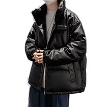 Down jacket mens 2022 new autumn and winter handsome clothes trendy brand plus velvet thickened winter wear pu leather short jacket
