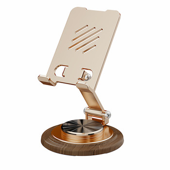 2026 ມືຖືໃຫມ່ 2026 desktop lazy tablet support rack rotatable folding mobile phone holder ipad support rack metal rotating mobile phone holder bracket portable walnut wood grain base