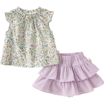 David Bella childrens pure cotton skirt suit 2024 girls new summer dress floral short-sleeved two-piece set for baby girls