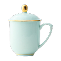 Jingdezhen official ceramic shadow green round mirror mug household Chinese style water cup solid color cup with lid