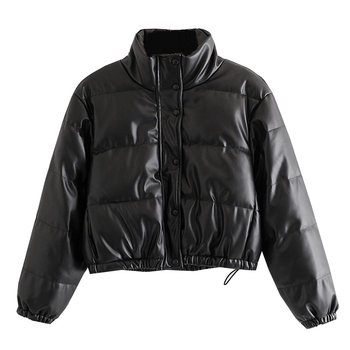 CCA homemade high street big brand RO dark imitation leather PU cotton jacket short waisted stand collar bread cotton jacket