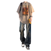 Short-sleeved T-shirt mens summer suit with retro jeans trendy casual mens clothing handsome outfit complete set