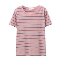 Fat mm large size, loose, thin short -sleeved T -shirt female middle -aged mother summer cotton stripes cover the belly and hide the meat