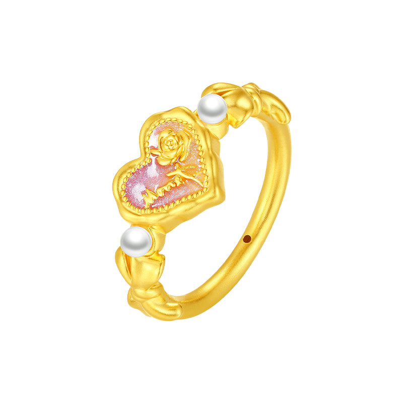 Chow Tai Sang gold ring love rose Monet fluorescent enamel solid gold ring ring birthday gift for girls