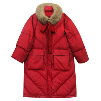 Dm100 large size 100% women's chubby mm winter big fur collar red long thickened down jacket
