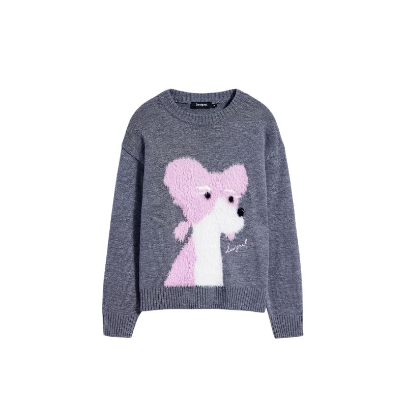 Desigual25 new autumn and winter dog jacquard embroidered heather gray women's sweater