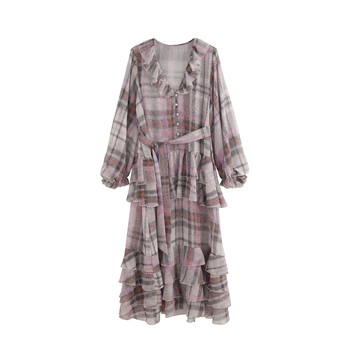 Azure gentle style ruffle dress french retro pink grey plaid long sleeve versatile shirt dress loose and slim