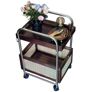 Solid wood movable side table storage medium-sized small cart living room coffee table storage rack snack storage rack rattan retro