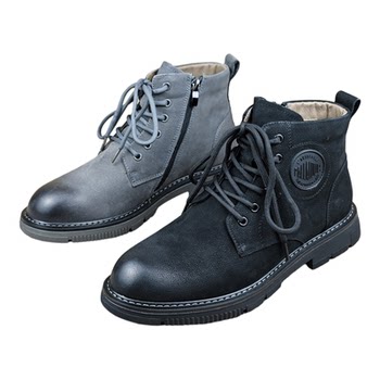Genuine leather men's shoes round toe lace-up martin boots thick sole