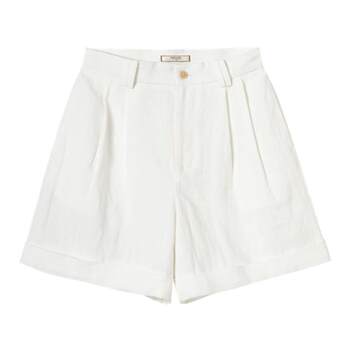Sansho vintage linen linen bermuda hem cuffed double waist loops symmetrical ສັ້ນສາມສ່ວນສີ່ທັງສອງດ້ານ