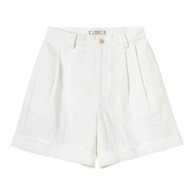 Sansho vintage linen Linen Bermuda hem cuffed double waist loops symmetrical ສັ້ນສາມສ່ວນສີ່ທັງສອງດ້ານ
