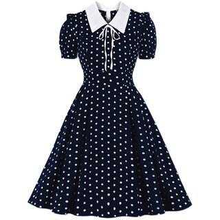 法式温柔复古气质大码港风娃娃领减龄显瘦波点大摆中长连衣裙女夏