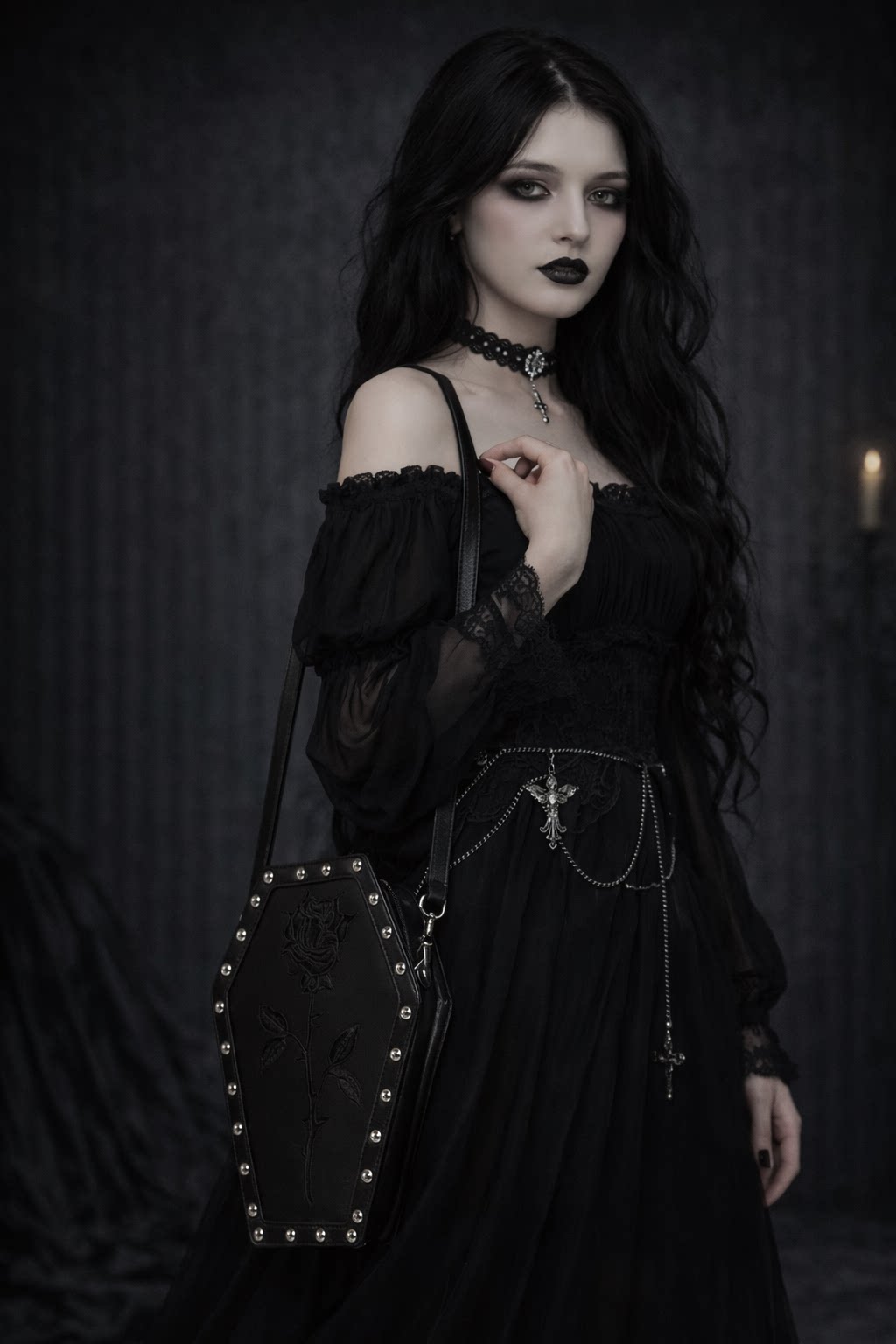 DSK Original Rose Embroidery Studded Dark Gothic Coffin Backpack/Shoulder Bag