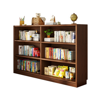 Solid wood bookshelf storage rack floor-standing children's home storage storage cabinet grid display short bookcase integrated against the wall