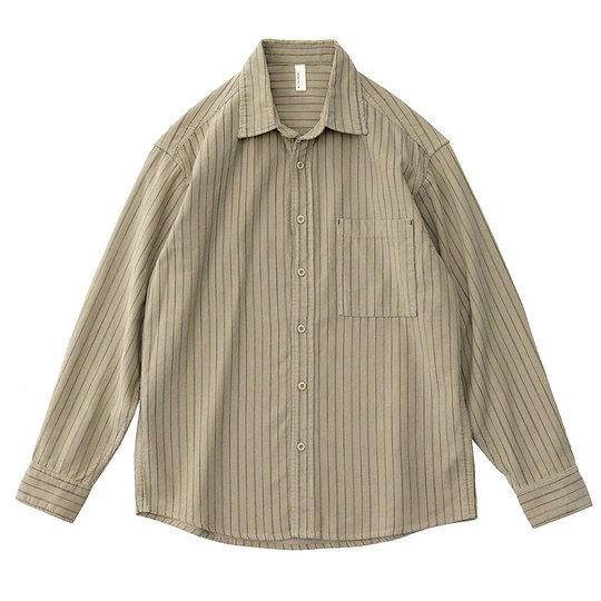 灯芯绒竖条纹长袖衬衫男春季日系复古米白色宽松慵懒工装休闲衬衣