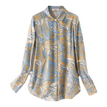 Kenfan 2026 spring heavy silk top women's long sleeve large slim mid-length retro printed mulberry silk shirt