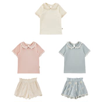 Youyou girls suit lace lapel knitted short-sleeved t-shirt summer new casual shorts small fresh fresh set two pieces