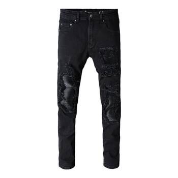 High Street Trendy Brand AMR Jeans Men's Black Irregular Hole Beggar Pants Men's Patch Stretch Slim Fit Pinscher Pants