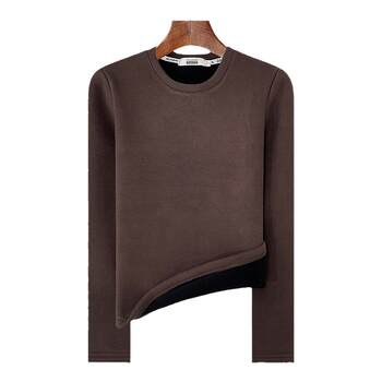 Autumn and Winter Round Neck Regular Shoulder Melard Solid Color Fleece-Lined Thickened Warm Long-Sleeve Top for Women, German Velvet Fleece Base Layer Shirt