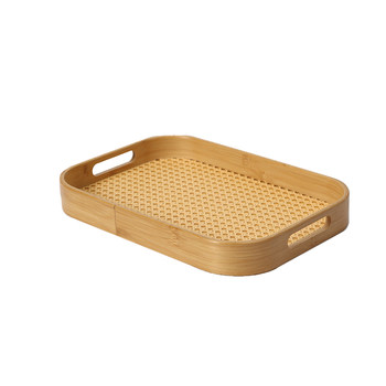 Japanese bamboo and rattan tea tray rectangular with handle