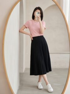 粉色小圆领冰丝竹节棉正肩短袖t恤女夏季薄款修身显瘦针织衫上衣