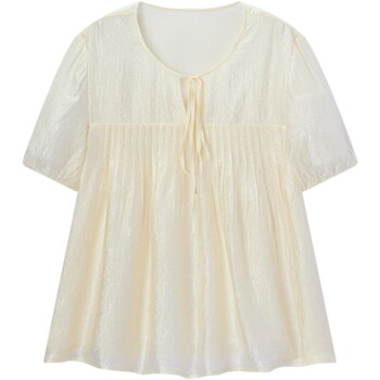 Aijutu acetate round neck lace-up textured shirt 2026 summer new style glossy temperament chiffon shirt