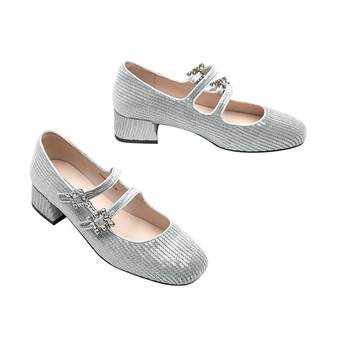 Double buckles, one-strip, thick heels, mary jane's leather shoes