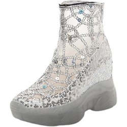 2024 Summer New Transparent Jelly Bottom Mesh Short Boots Women's Heightening Single Boots Rhinestone Sequin Breathable Sandals