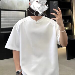 高级感小V领设计款白色圆领短袖T恤男款夏季潮牌痞帅宽松休闲上衣