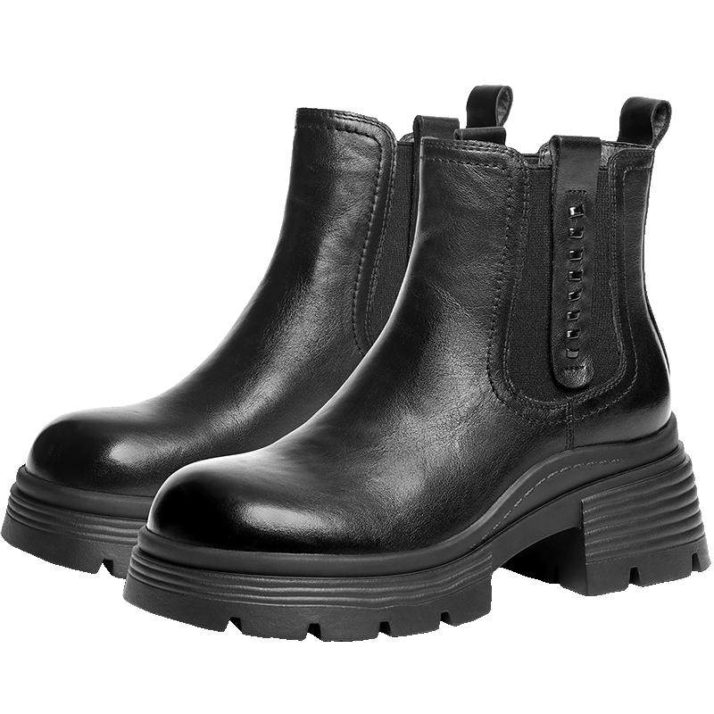 Belle plus velvet warm leather Chelsea boots women's winter cotton shoes thick-soled chimney short boots F2K1DDD5