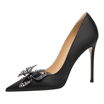 Lily Wei black satin high heels niche rhinestone bow royal sister shoes elegant small size 313233