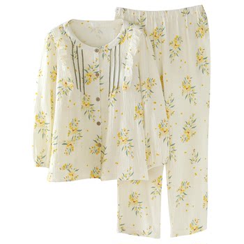 Fuduo Spring and Summer Confinement Clothes Pure Cotton Crepe Maternity Pajamas Anti-bulge ສາມາດໃສ່ນອກເຄື່ອງນຸ່ງເຮືອນ