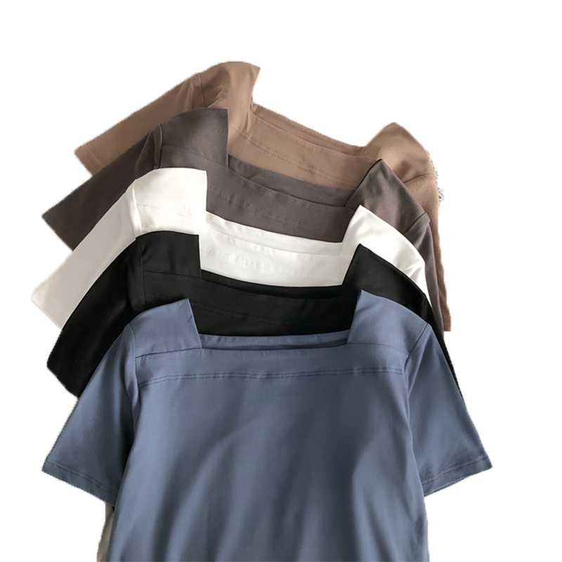 方领短袖t恤女学生纯色夏季新款韩版小心机露锁骨ins超火上衣服潮