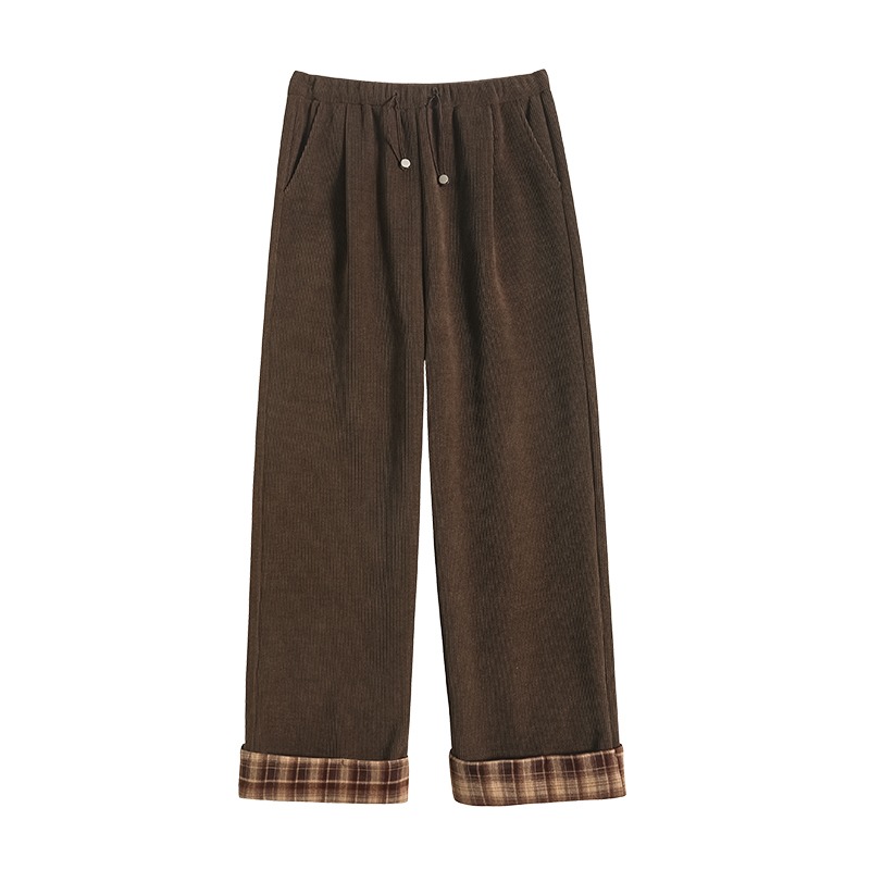 Retro plaid maternity pants for winter outer wear without belly support plus velvet and thickened Maillard maternity wide-leg pants