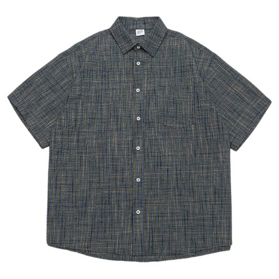 
GOGOSOON Summer New Short Sleeve Shirt Boy Lapel Retro Bubble Grid Teen Loose Casual Shirt