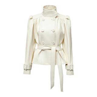 4muggle fashionable umbrella pleated stand-up collar white leather jacket