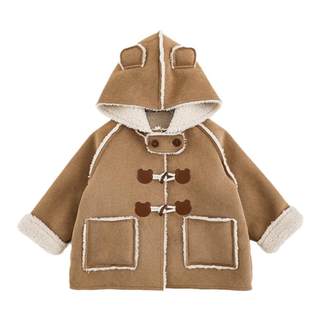 Young girl little bear horn button bear ear hooded plush jacket winter sweet and cool cute windproof warm top trendy