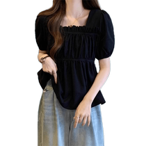 Black Square Neck Puff Short Sleeve Chiffon Shirt Womens Summer New Loose Slim French Waist Babydoll Top