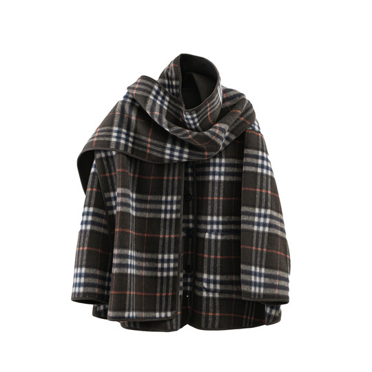 Reversible plaid short woolen jacket