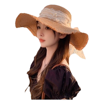 Summer sweet hat for women high-end ribbon pearl straw hat beach sun protection sun hat casual large-brimmed sun hat